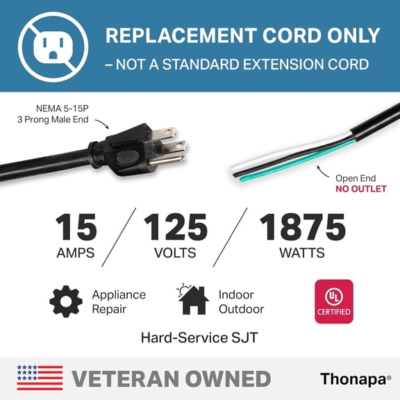 TG4THT-15 Foot 12 AWG Power Cord Replacement with Open End - 3 Prong Replacement Cord, 12/3 SJT, NEMA 5-15P Replacement Power Cable 3 Prong for Major Appliances - Black