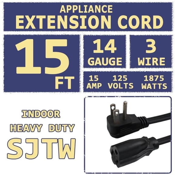 TG4THT-15 Ft Heavy Duty Appliance Extension Cord - 14 Gauge 3 Prong SPT-3 Cable Wire, Ideal for Air Conditioners, Refrigerators, and Major Appliances - Indoor Use, Black