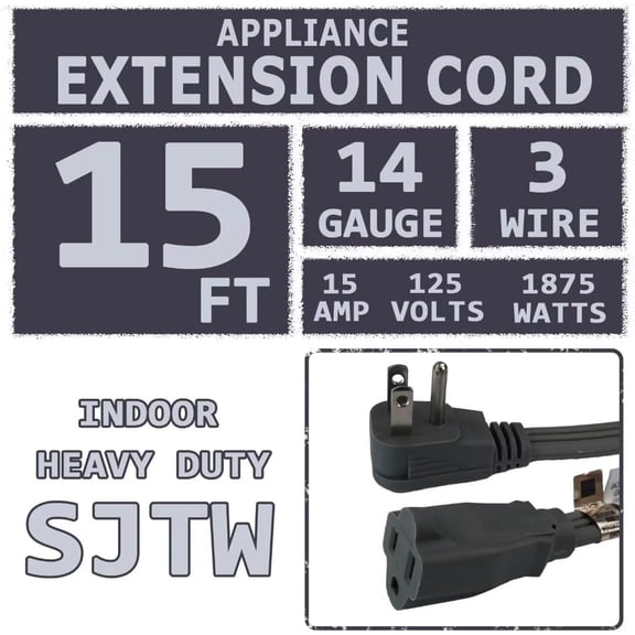 TG4THT-15 Ft Heavy Duty Appliance Extension Cord - 14 Gauge 3 Prong SPT-3 Cable Wire, Ideal for Air Conditioners, Refrigerators, and Major Appliances - Indoor Use, Grey