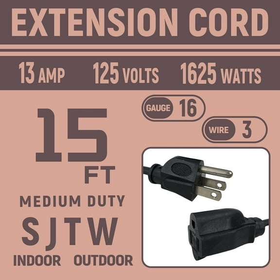 TG4THT-15 Ft Indoor Outdoor Black Extension Cord, 16 Gauge Waterproof Electrical Power Cable, 16/3 SJTW 3 Prong Grounded Plug, 13A 1625W, UL Listed