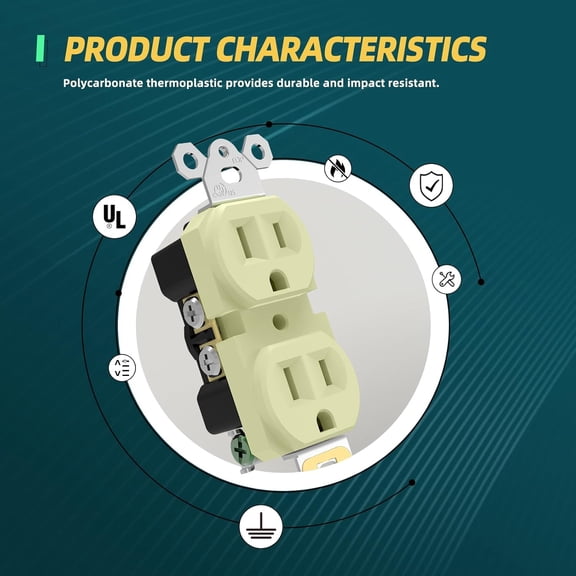 TG4THT-15A Duplex Receptacle Outlets, Standard Electrical Power Outlet with Wall Plates, Non-Tamper Resistant Outlets, 2 Pole 3-Wire, Self-Grounding, NEMA 5-15R, UL Listed, Ivory, 20 Pack