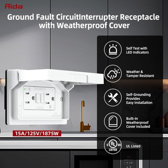 TG4THT-15A GFCI Outlet with Weatherproof Cover, Tamper-Resistant & Weather Resistant Self-Test Electrical Outlet, 15A/125V for Bathroom, Kitchen, Outdoor, UL Listed, Matte White, 1 Pack