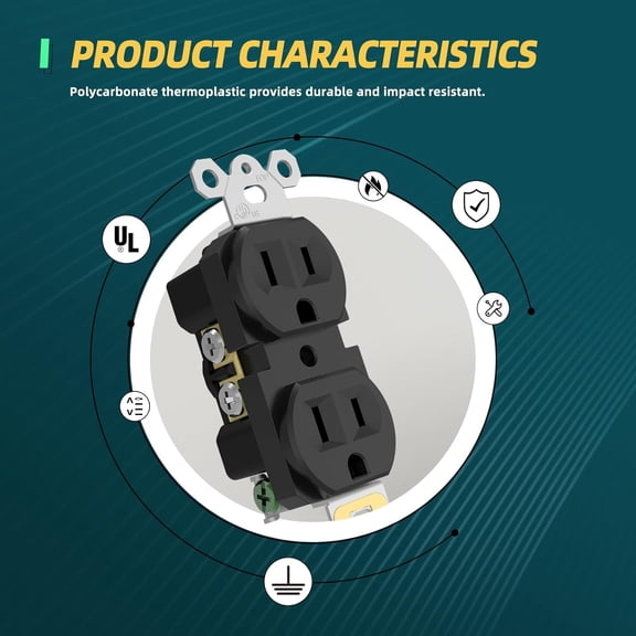 TG4THT-15Amp Duplex Receptacle Outlets, Heavy-Duty Electrical Power Socket with Wall Plates, Non-Tamper Resistant Outlets, 2 Pole 3-Wire, Self-Grounding, UL Listed, Black, 20 Pack