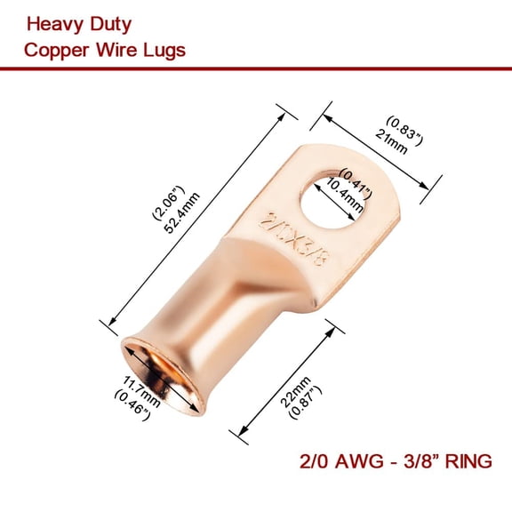 TG4THT-16Pcs 2/0 AWG 3/8 Cable Terminals Heavy Duty Copper Wire Lugs with 16Pcs Heat Shrink Tubing 2/0 Gauge Ring Terminals 00 Gauge Battery Cable Ends Bare Copper Eyelets Ring Terminal for Car Marin