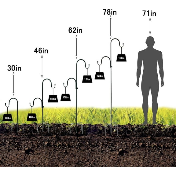 TG4THT-2 Pack 78 Inch Double Shepherds Hooks for Outdoor Bird Feeder,Hanging Plants,Solar Light,Adjustable 78/62/46/30 Inch,3/4 Inch Width Heavy Duty Garden Shepards Hook