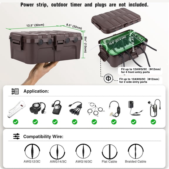 TG4THT-2-Piece Outdoor Waterproof Electrical Box Set 12.5" x 8.5" x 5" Large & 8.1" x 4.9" x 3.1" Small Weatherproof Electrical Boxes for Power Strip, Outlet, Holiday String Light, Brown