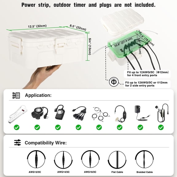TG4THT-2-Piece Outdoor Waterproof Electrical Box Set 12.5" x 8.5" x 5" Large & 8.1" x 4.9" x 3.1" Small Weatherproof Electrical Boxes for Power Strips, Outlets, Holiday String Lights, White