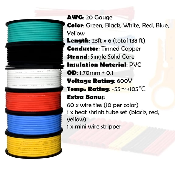 TG4THT-20 AWG Solid Core Wire Kit 20 Gauge PVC Coated Copper Wires Pre-Tinned 23ft or 7m Each Spool, 6 Colors (Black, Red, Yellow, Green, Blue, White), Jumper Wire Hook Up Wire Kit from