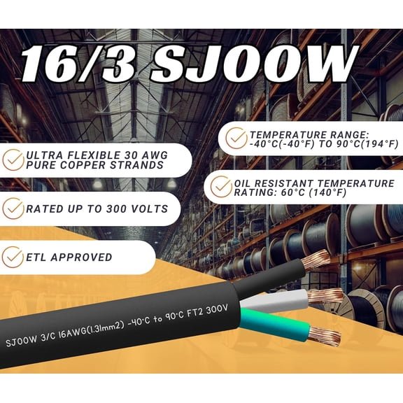 TG4THT-20 Feet 16/3 SJOOW Cable Cord 16 AWG 3 Conductor SO Wire - 16 Gauge 3 Conductor (16/3 Wire) 300V Portable Power Extension Cable for Motor Leads, Portable Lights, Battery Chargers