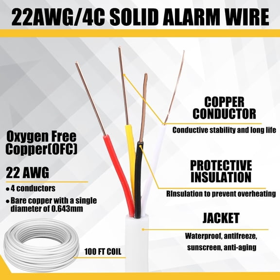 TG4THT-22/4 White Solid Wire Bell 100ft Fire Security Alarm Cable CMP/CL3P Shielded Rated Burglar Station for Low Voltage LED, Burglar System, Fire Detector, Door, 22AWG