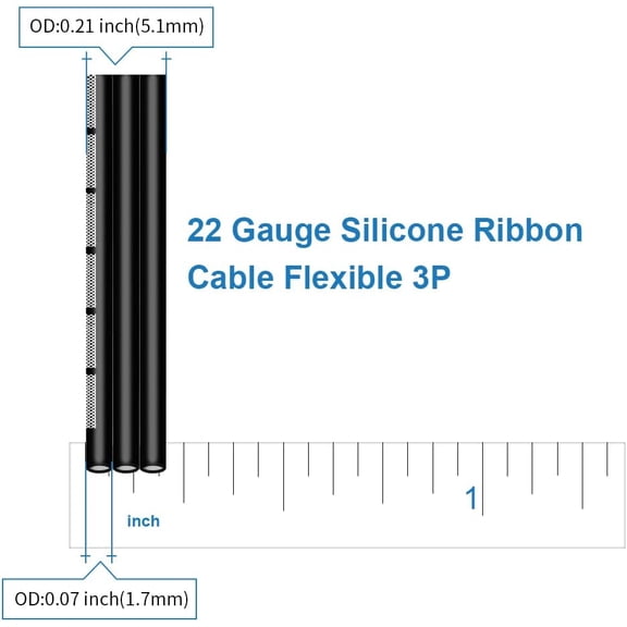 TG4THT-22 Gauge Silicone Ribbon Cable Flexible 3P Black 20 ft Flat Cable 22 AWG Stranded Tinned Copper Wire