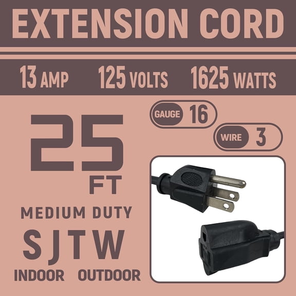 TG4THT-25 Ft Indoor Outdoor Black Extension Cord, 16 Gauge Waterproof Electrical Power Cable, 16/3 SJTW 3 Prong Grounded Plug, 13A 1625W, UL Listed