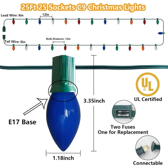 TG4THT-25Ft Multicolor Christmas Lights, C9 Vintage Christmas Lights with 26 Ceramic Multicolor Bulbs, Traditional Xmas Light for Outdoor Roofline Garden Patio Party Wedding Xmas Decor