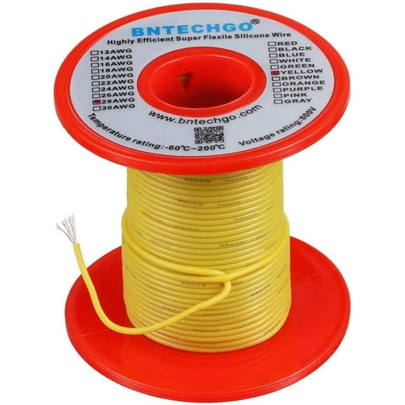 TG4THT-28 Gauge Silicone Wire Spool 250 ft Yellow Flexible 28 AWG Stranded Tinned Copper Wire