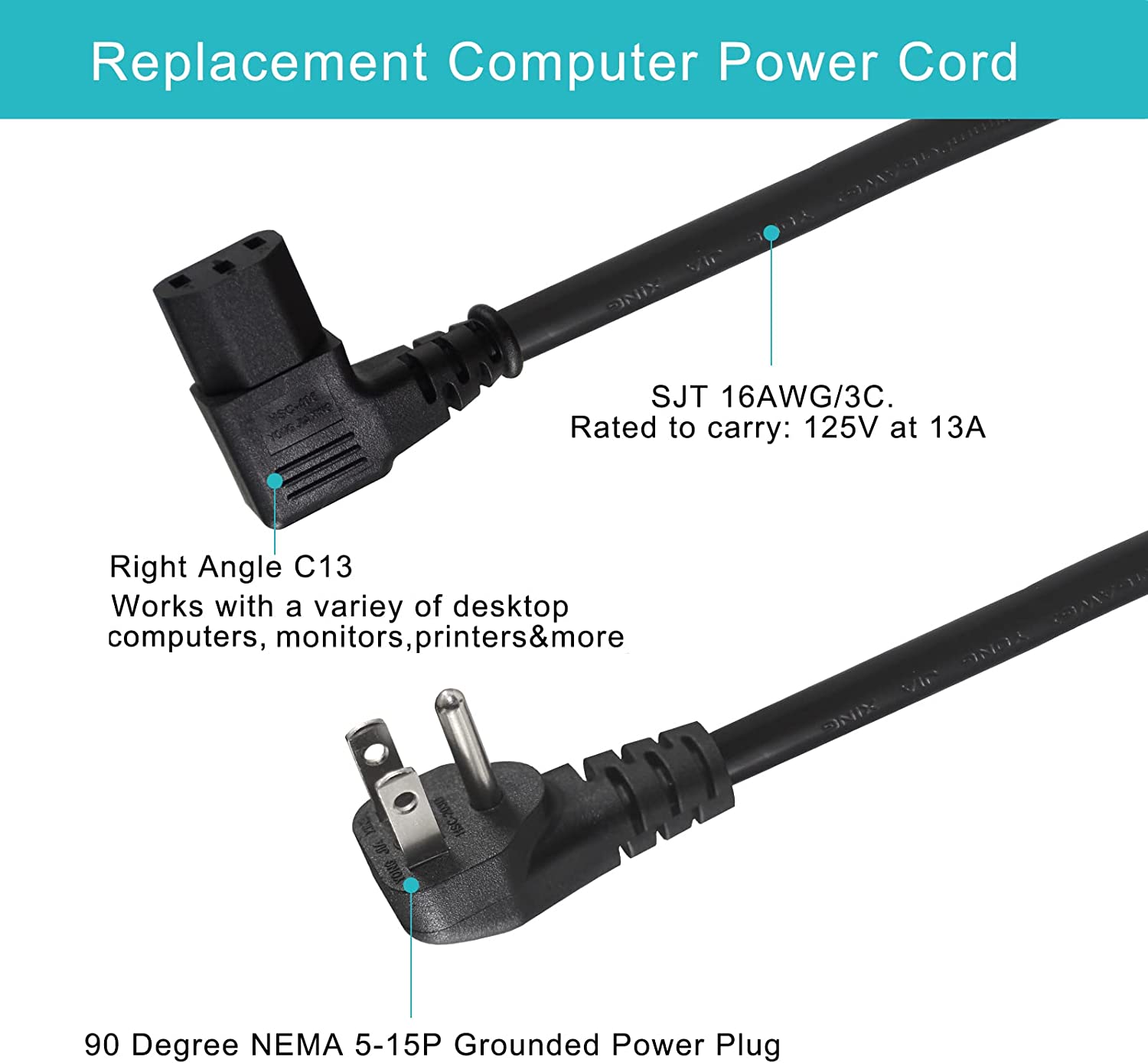 TG4THT-[2PACK] 90 Degree Computer Power Cord - 3FT Flat Low Profile ...