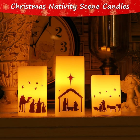 TG4THT-3 Pcs Nativity Scene Candles Flameless Christmas LED Candles Battery Operated Warm Light for Advent Indoor Outdoor Home Table Decorations Christmas Holiday Decor