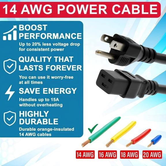 TG4THT-- 3 Prong AC Power Cord (6ft) 1.82m - 15A/125V, 14 AWG | 5-15P to C19, (NEMA 5-15P to IEC-60320-C19) | Heavy Duty Power Cable for Servers, Network and Data Center Needs - (Black)