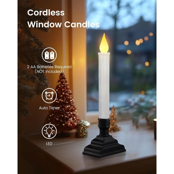 TG4THT-4 Pack Battery Operated Window Candles, 6H Timer Window Candle Lights with Removable Candle Holders, LED Christmas Candles for Window, Mantel, Dining Table, Festival Decor, Matte Black