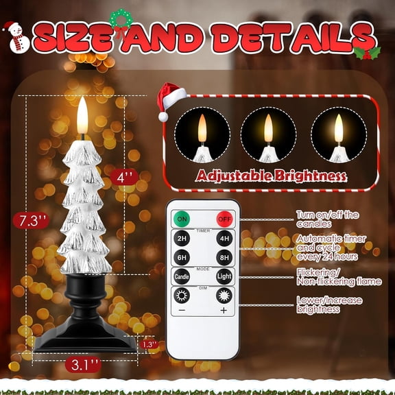 TG4THT-4 Pack Christmas Tree Shape Battery Operated LED Window Candles with Remote and Timer, Amber Flame Window Candle Lights with Removable Black Holders, Xmas Dinner Holiday Decoration