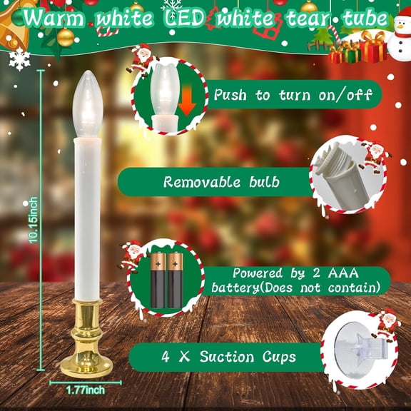 TG4THT-4 Pack Window Candles Battery Operated with Timer,Christmas Window Candle Lamps with Golden Plated Holders&4 Suction Cups,Electric Candles Light for Christmas Dinner Wedding Party Decoration