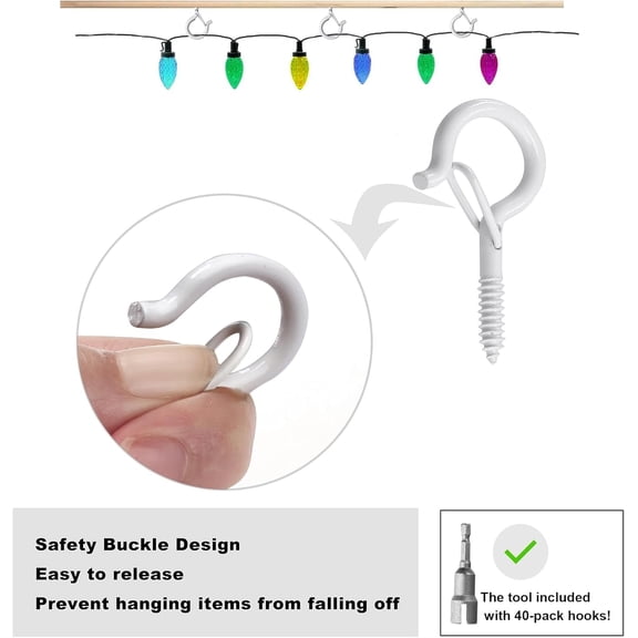 TG4THT-40 Pack Outdoor Hooks for Christmas Light Plants - White Cup Hooks with Wing Nut Driver, Wall and Ceiling Mount