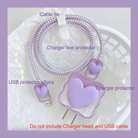 TG4THT-5 in 1 DIY 18W 20W Heart Shape Protector Data Cable USB Charger Line Earphone Wire Saver Organizer Compatible with iPhone 11 12 13 14 15 Pro Max (Love Purple)