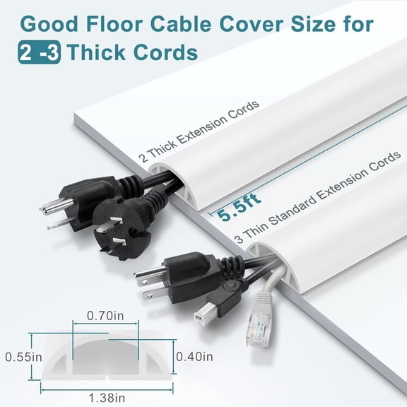 TG4THT-5.5FT Floor Cord Cover, White Soft Cable Cover Floor, Large Size Extension Cord Covers for Floor, Power Cord Protector Floor Wire Cover - Cord Channel Diameter: 0.7" (W) x 0.4" (H)