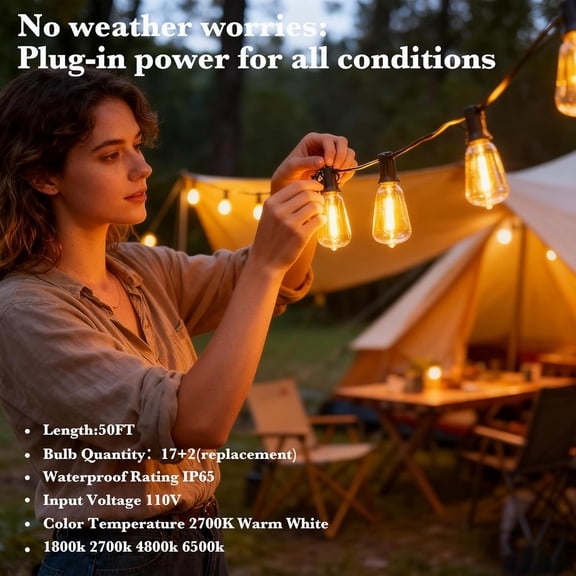 TG4THT-50 FT Outdoor Patio Lights String, 17+2 Shatterproof LED Bulbs Waterproof Hanging Lights Plug in, Fence Balcony Camping Backyard Garden Porch Bistro Cafe Decor with 2700K Warm White