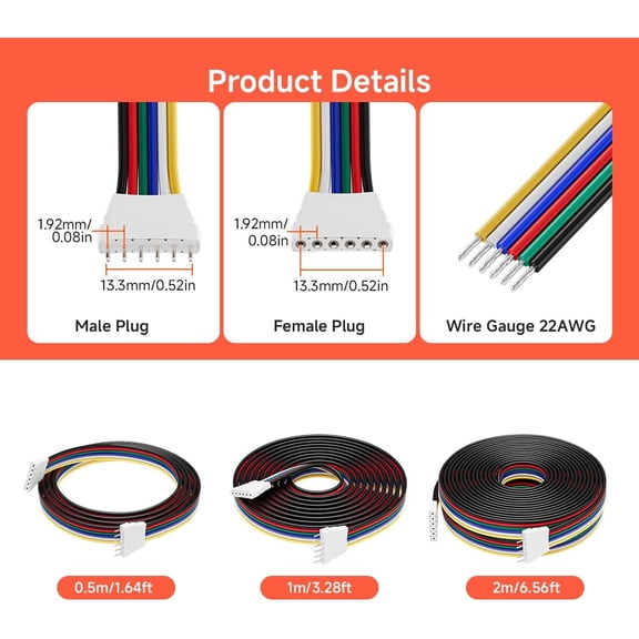 TG4THT-5pcs/Pack 22AWG 6 Pin JST Male Female Plug LED Connector, 6.56ft(2m) Extension Cable for 5050 RGBCCT SMD LED Strip Light Without Soldering Controller Wire