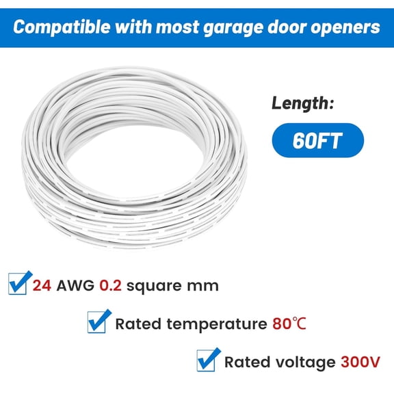 TG4THT-60 Feet Universal Garage Door Wire,24 AWG 2 Conductor Garage Sensor Doorbell Wire,Cable Wires for Control Station Sensor (White, 60Ft)