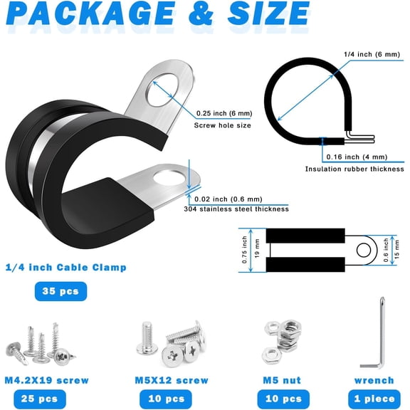 TG4THT-71 Packs 1/4 Inch P Clamps Stainless Steel - Rubber Insulated Adel Clamps Small Cable Holder with Imperial Scale Marking Wire Fastener for Tube, Pipe or Wire Installation at Home & Office (35
