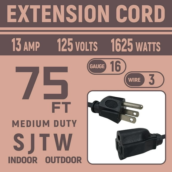 TG4THT-75 Ft Indoor Outdoor Black Extension Cord, 16 Gauge Waterproof Electrical Power Cable, 16/3 SJTW 3 Prong Grounded Plug, 13A 1625W, UL Listed