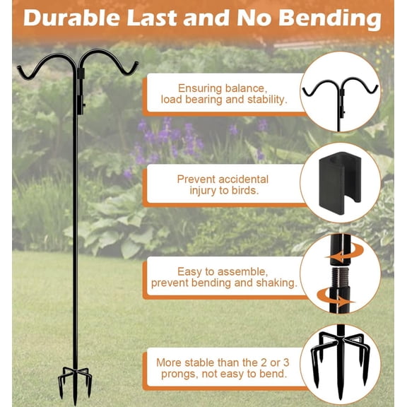 TG4THT-76 Inch Double Shepherds Hook for Outdoor with 5 Prong Base, Adjustable Heavy Duty Bird Feeder Pole for Hanging Flower Basket, Plant Hanger, Solar Light Lanterns, Black