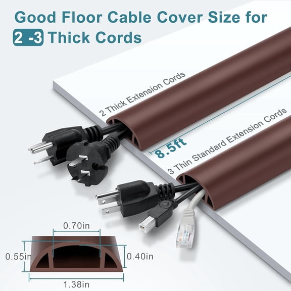 TG4THT-8.5FT Cord Covers - Brown Floor Cable Cover, Flexible Extension Cord Cover for Wires, Wire Cover Channel Diameter: 0.7" (W) x 0.4" (H)