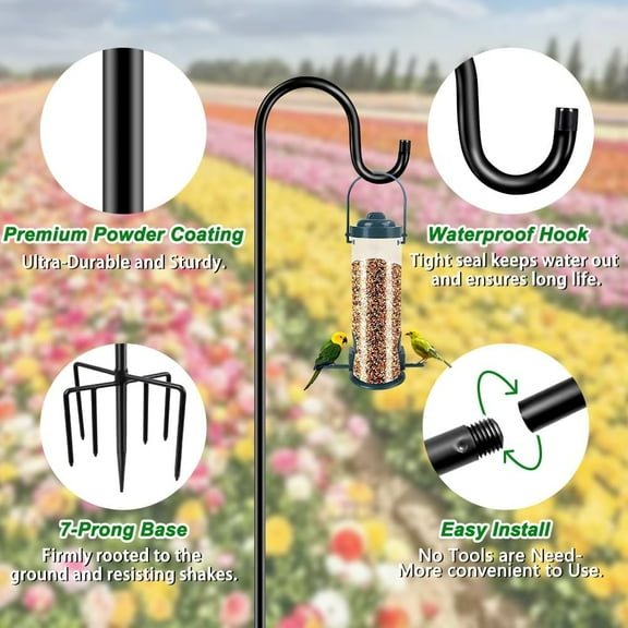 TG4THT-84" Shepherds Hooks for Outdoor, Heavy Duty Bird Feeder Pole with 7 Prongs Base for Hanging Lantern, Hummingbird Feeder, Plant Baskets, Shepherds Hook for Bird Feeders for Outside, 1 Pack