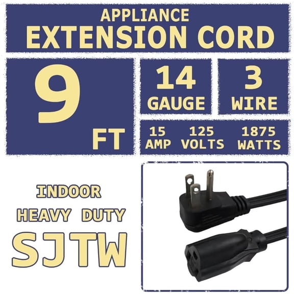 TG4THT-9 Ft Heavy Duty Appliance Extension Cord - 14 Gauge 3 Prong SPT-3 Cable Wire, Ideal for Air Conditioners, Refrigerators, and Major Appliances - Indoor Use, Black