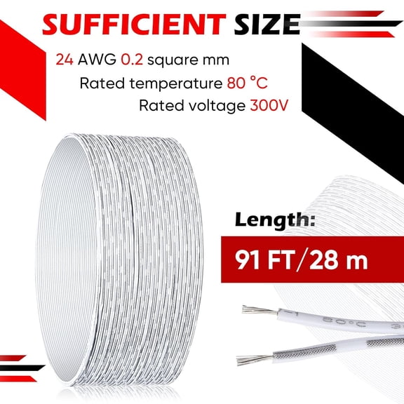 TG4THT-91 ft Universal Garage Door Wire 2 Conductor Bell Wire for Control Station Sensor 24 AWG 2 Pin Extension Cable Cord Line for Garage Door Sensors