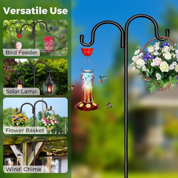 TG4THT-Adjustable Double Shepherds Hook for Outdoor - 76" Heavy Duty Bird Feeder Pole w/ 5-Prong Base, Hummingbird Feeder Stand for Garden, Plant Baskets, Solar Light Lantern