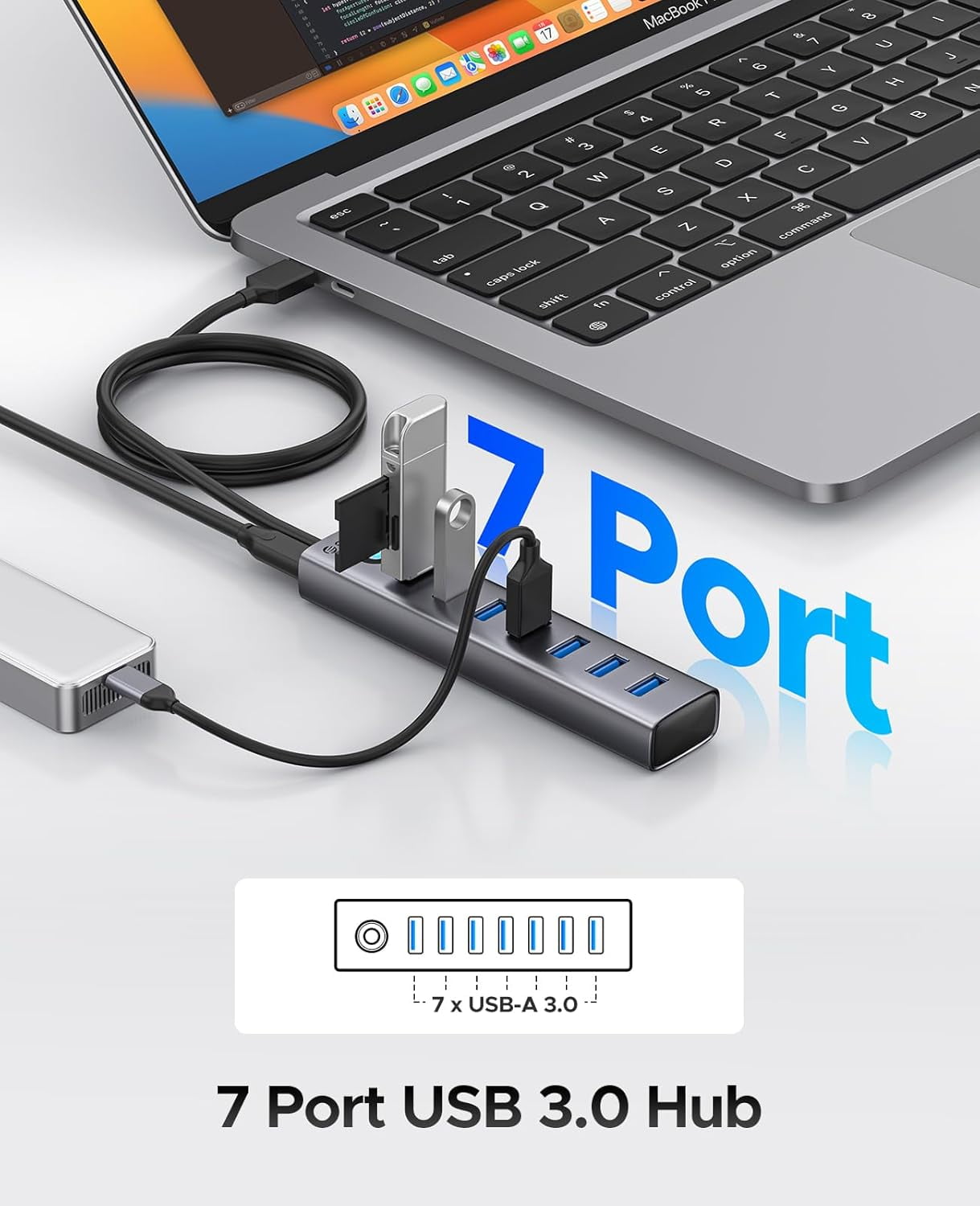 TG4THT-Aluminum 7-Port USB Hub with 3.28Ft Cable, Multiple USB 3.0 Hub ...