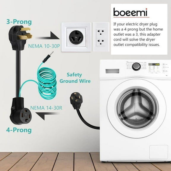 TG4THT-BOEEMI 4 Prong to 3 Prong Dryer Adapter Cord Convert 4 Prong Dryer Plug to 3 Prong Wall Outlet, NEMA 10-30P Male to 14-30R emale 120V/240V 30 Amp Dryer Plug Adaptor with Safety Ground Wire, 1.