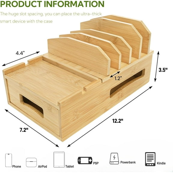 TG4THT-Bamboo Charging Station for Multiple Devices, Desk Docking Station with Removable Divider Slots and Drawer, Bedside Charging Station Compatible with Smartphone, Tablet, Laptop, Earphone