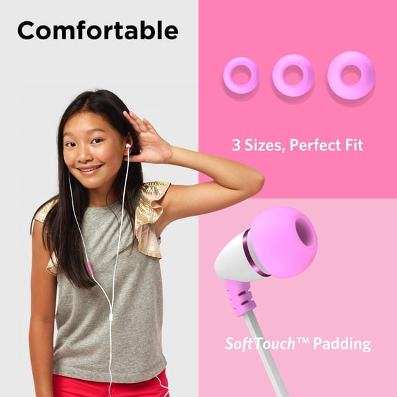 TG4THT-BestBuds Kids Earbuds for School - Safe & Comfortable, Volume Limited, Wired in-Ear Kids Ear Buds with an in-Line Microphone, Travel Case, and Splitter - Pink