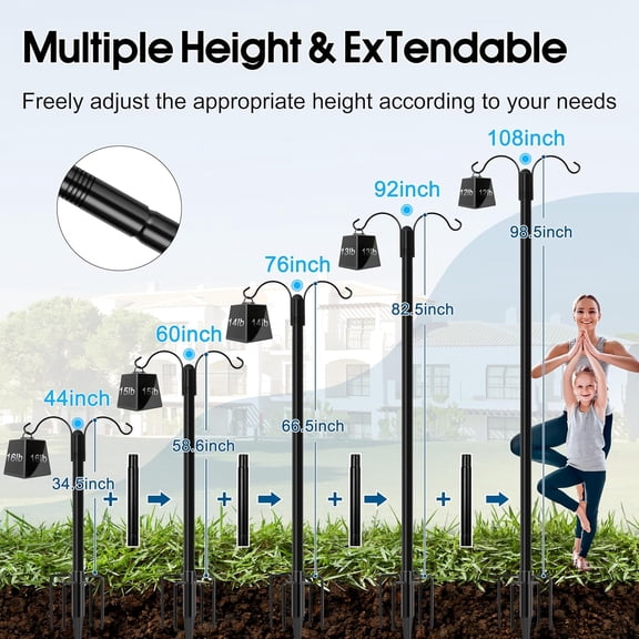 TG4THT-Bird Feeder Pole, 2 Pack 108 INCH Double Shepherds Hooks for Outdoor, with 5 Base Prongs Heavy Duty Tall Garden Planter Hooks for Hanging Flower Basket, Lantern, Hummingbird Feeder