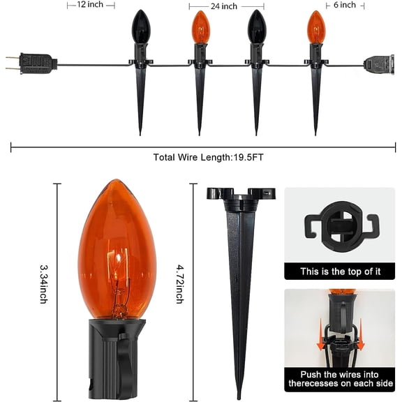 TG4THT-C9 Halloween Pathway Lights Outdoor, 19.5Ft Halloween Decorations Pathway String Lights with 10 C9 Orange and Black Stakes Lights for Walkway Yard Lawn Garden Sidewalk