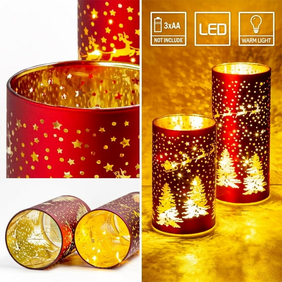 TG4THT-Christmas Decorations Indoor,Mercury Glass Lights with Timer,Battery Powered Fairy Light,LED Latern with Christmas Tree Deer Carvings, Lamps for Table Decor Home Centerpiece (Red)