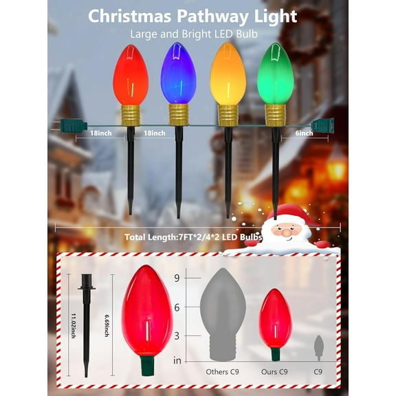 TG4THT-Christmas Lights Jumbo C9 Outdoor Lawn Decorations with Pathway Marker Stakes, 2 Pack 7 Feet String Lights with Multi Color Giant Lighted Bulbs for Holiday Outside Yard Garden Decor, 8 Lights