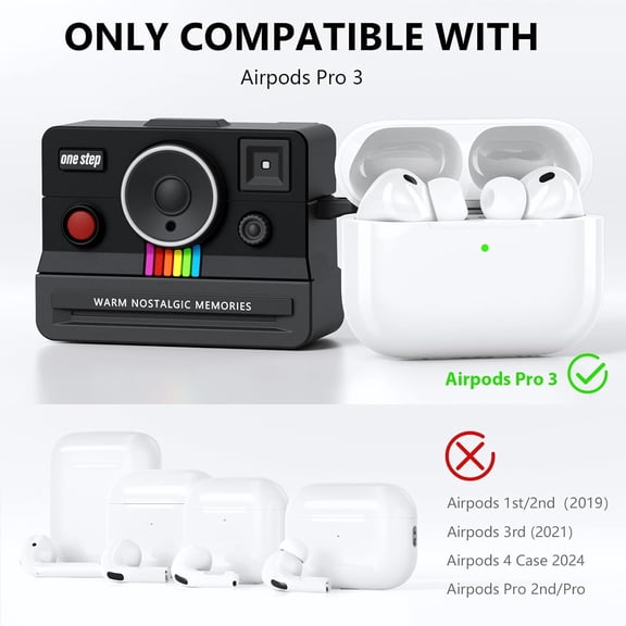 TG4THT-Compatible with AirPods Pro 3 Case,2025 Silicone Cover Retro Camera Design Case,Carabiner & Cleaning Kit Included,Shock Resistant,Full Protection for AirPods Pro 3rd Generation,(Black)