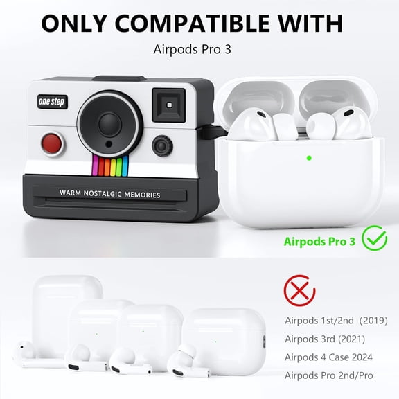 TG4THT-Compatible with AirPods Pro 3 Case,2025 Silicone Cover Retro Camera Design Case,Carabiner & Cleaning Kit Included,Shock Resistant,Full Protection for AirPods Pro 3rd Generation,(White)