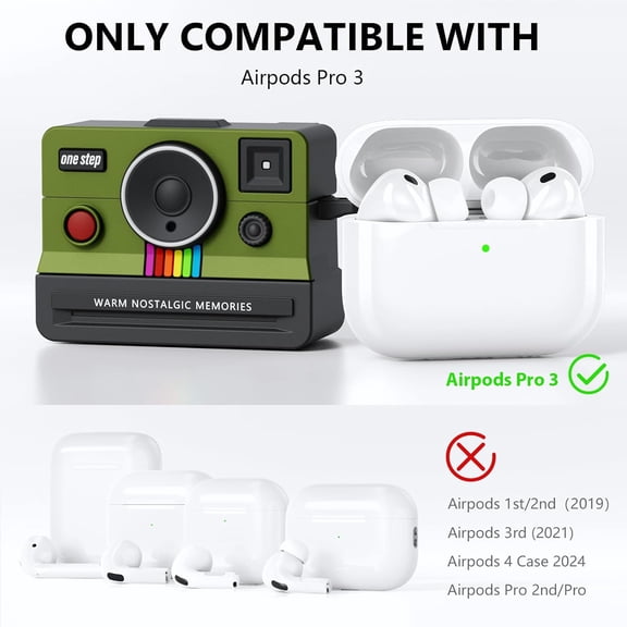 TG4THT-Compatible with AirPods Pro 3 Case,2025 Silicone Cover Retro Camera Design Case,Carabiner & Cleaning Kit Included,Shock Resistant,Full Protection for AirPods Pro 3rd Generation,(Army Green)