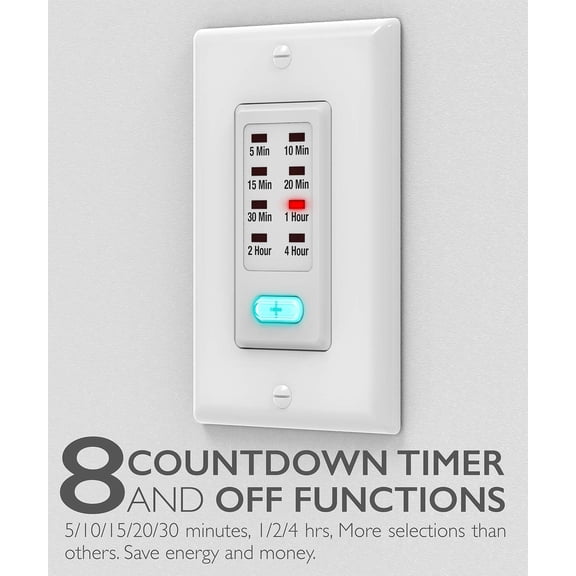 TG4THT-Countdown Light Timer Switch for Bathroom, Heaters, 5-10-30-60 Min, 2-4 Hour Programmable in-Wall Timer Switch with 9 Settings 1875W, Neutral Wire Required, ETL Listed